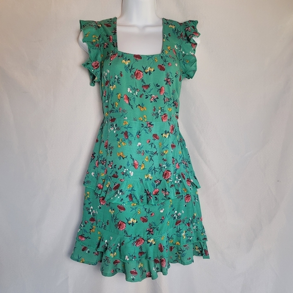 Lottie & Holly Teal Green Floral Summer Romantic Mini Dress Women's Size XS